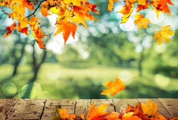 Wooden table with orange leaves autumn background