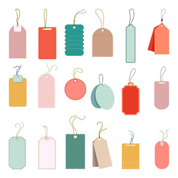 A large set of flat vector cardboard tags in various colors and shapes. Colored blank paper tags are linked to nodes
