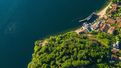 Plakat Aerial view of the hamlet of Reno in the municipality of Leggiuno. This small town is located on Lake Maggiore, near Varese, in Italy.