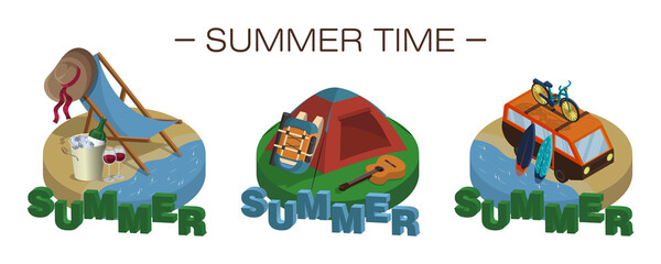 Fototapeta premium Set of vector isometric illustration on theme summertime activities. Isolated 3d icon on white background. Deck chair on beach. Travel van with bicycle and two surfboards. Tent, backpack and guitar