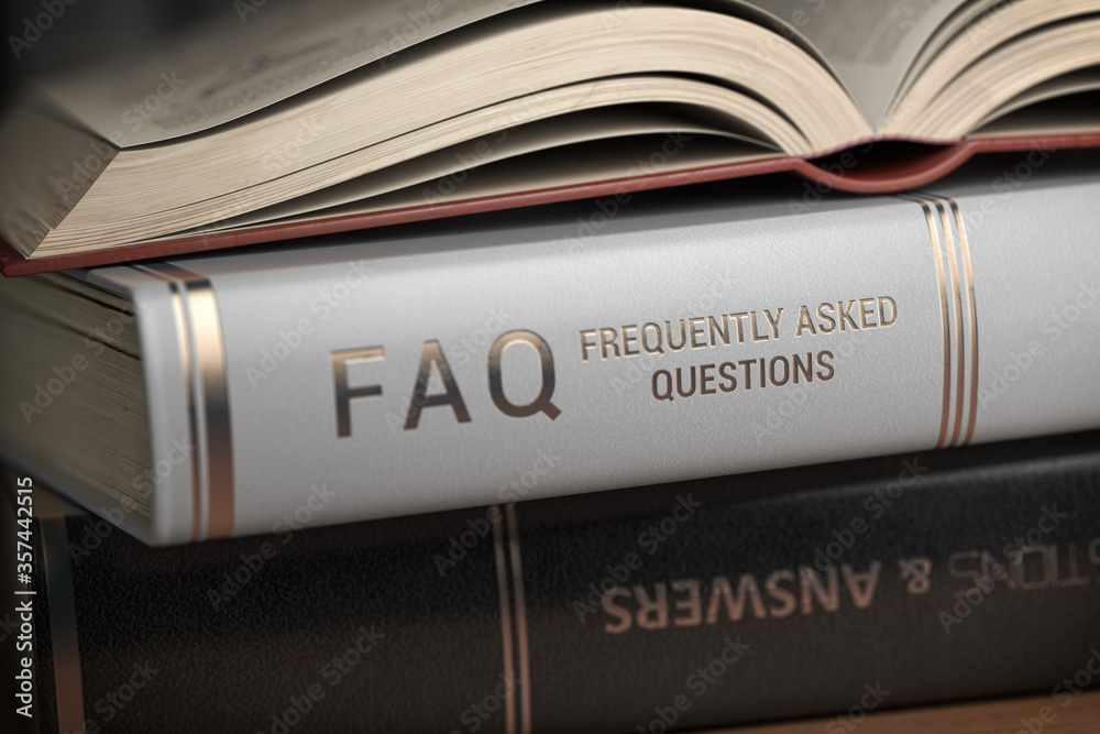 Poster FAQ Frequently asked questions concept. Books with FAQ on the cover.