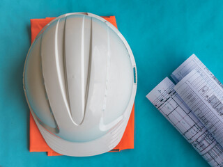 Safety helmet with architectural design prints on blue background