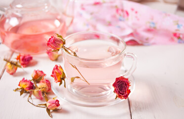 Cup of roses tea. Healthy herbal detox tea.
