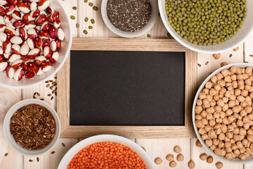 Chalkboard drawings menu, sketch menu blackboard. Protein sources for vegetarians background.