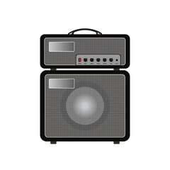 Isolated black electric guitar amplifier, cabinet equipment for musician flat logo or icon style, print for tee-shirt and Assemble website, Musical instrument sales business. vector and illustration.