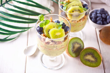 kiwi green smoothies dessert on a white background.