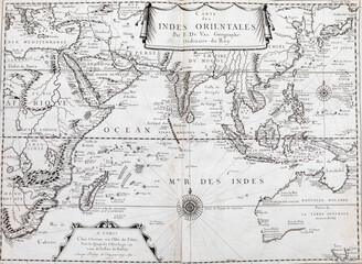 Old map of  Indian Ocean - From an 1656 Atlas of Geography from P. du Val - France (Private collection)