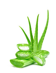 Fresh green Aloe vera leaves with sliced and water drops isolated on white background.