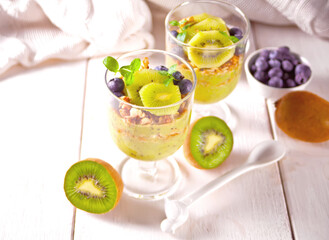 kiwi green smoothies dessert on a white background.