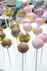 colorful cake pop , chocolate, pink and purple