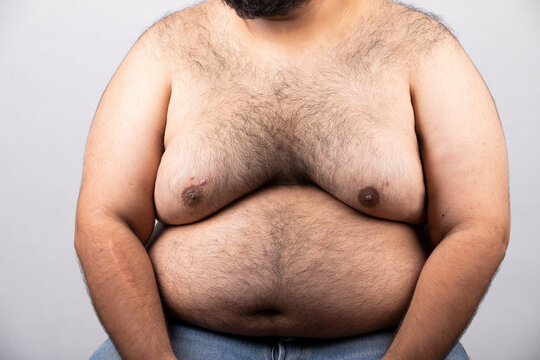 Belly of obese people,Fat people have hairs along the body,Fat man with mustache, health concept