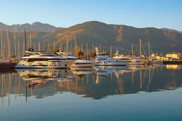 Yacht marina. View of marina of Porto Montenegro on sunny autumn day.  Montenegro, Adriatic Sea, Bay of Kotor, Tivat city