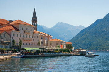 Naklejka premium Sunny autumn day in ancient town of Perast. Montenegro, Kotor Bay