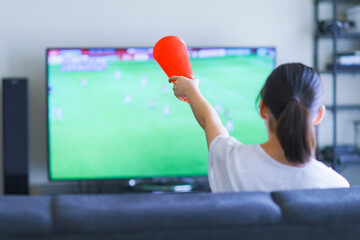 家でスポーツをテレビ観戦する若い女性のイメージ