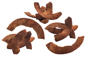 Chocolate coated Coconut chips or dried flakes of kernel meat covered with cocoa, isolated w...