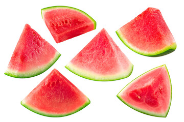 Watermelon, a fruit of Citrullus lanatus, wedges, isolated - obrazy, fototapety, plakaty
