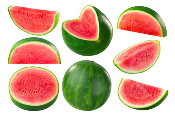 Watermelon, a fruit of Citrullus lanatus, whole, cut, slices and wedges, isolated w clipping paths