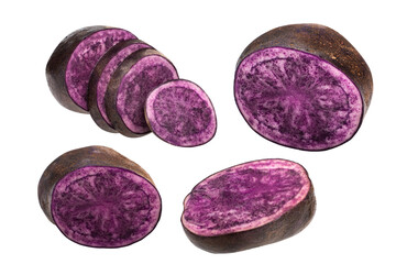 Purple potato (Solanum tuberosum), halved and partially sliced tubers, isolated w clipping paths
