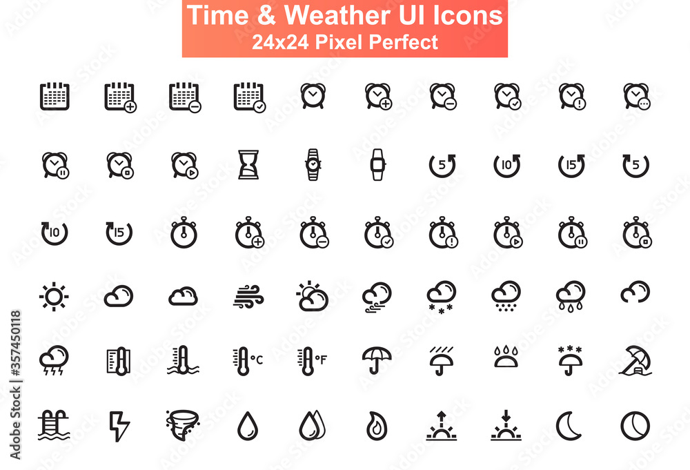 Fototapete time and weather ui icons set. time organization and climate line pictograms for website and mobile 