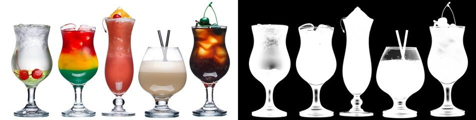 Colorful cocktails or mocktails, transparency mask included