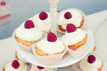 Сupcakes with whipped cream and raspberry