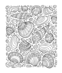Seashell pattern. Vector illustration. Zentangle. Coloring book page for adult. Hand drawn artwork. Black and white. Bohemian ethnic concept