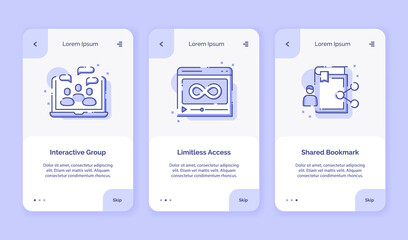 Onboarding icon online course interactive group limitless access shared bookmark for campaign mobil apps home landing page template with outline style flat style design.