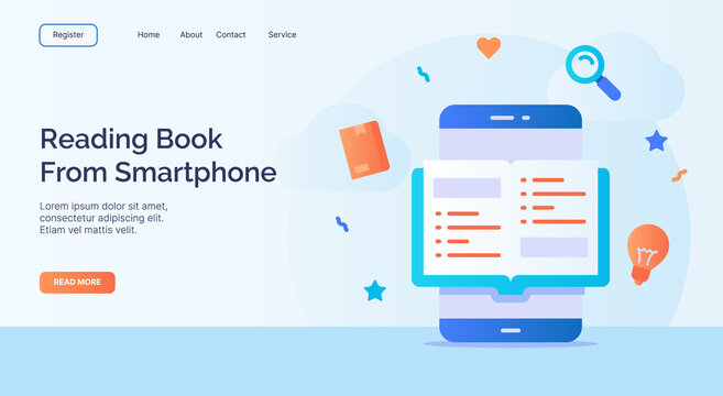 Reading book from smartphone for campaign web website home homepage landing page template with filled color modern flat style design.