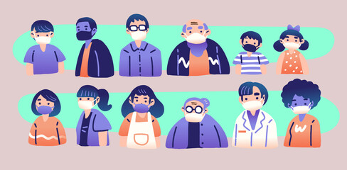 Coronavirus, COVID-19. People in various age and ethnic group with white and black face mask. Vector cartoon illustration