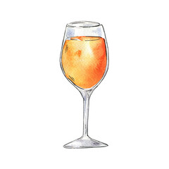 Glass with fruit orange cocktail isolated on white background. Hand drawn watercolor and ink illustration.