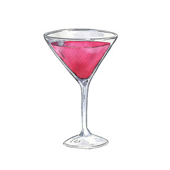 Glass with fresh pink cocktail isolated on white background. Hand drawn watercolor and ink illustration.