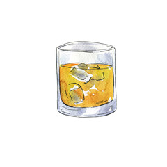 Glass with scotch or whiskey isolated on white background. Hand drawn watercolor and ink illustration.