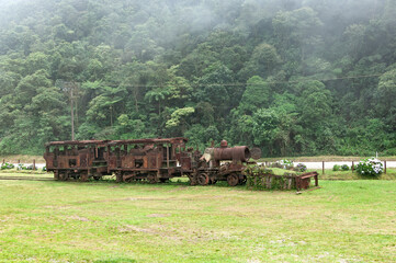 Sao Paulo, Brazil: wagon carcasses and steam locomotive in the Paranapiacaba railway station