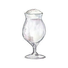 Glass with white cocktail or milkshake isolated on white background. Hand drawn watercolor and ink illustration.