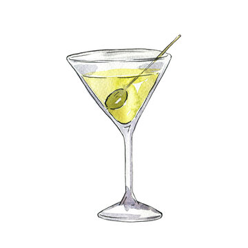 Glass with yellow cocktail or wine isolated on white background. Hand drawn watercolor and ink illustration.