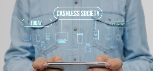 Collage of woman holding tablet computer and cashless society scheme with modern gadgets