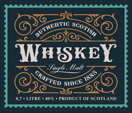 A vintage alcohol label design, isolated on dark background.