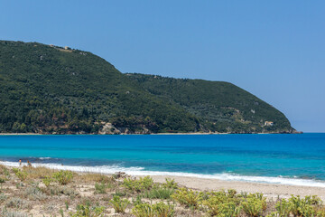 Fototapeta na wymiar Agios Ioanis beach with blue waters, Lefkada, Greece