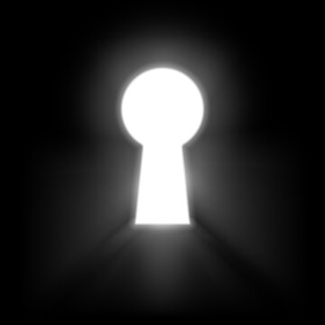 Keyhole illuminated rays of light isolated on black background. White keyhole symbol of hope or success. Vector