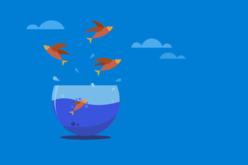 Fishes flying out of a bowl. Concept of freedom © AJay