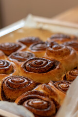 Homemade yeast dough cinnamon rolls, close up image shallow depth of field