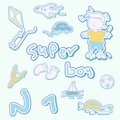 Set of stickers. Cartoon boy. Isolated icons drawn by hand. Vector illustrations of a subjects on a light blue background. Doodle style. Element for scrapbooking, banners, cards, invitations, etc.