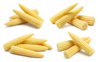 Collection of delicious baby corn, isolated on white background