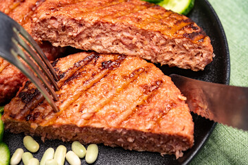 Source of fibre plant based vegan soya protein grilled burgers, meat free healthy food