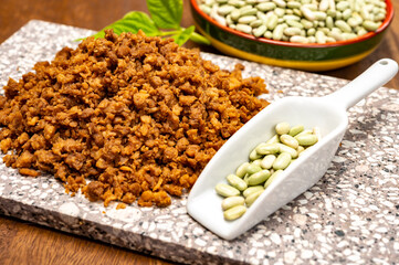 Source of fibre plant based vegan soya protein minced meat, meat free healthy food