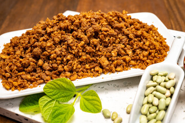 Source of fibre plant based vegan soya protein minced meat, meat free healthy food