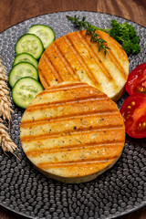 Yellow cheese based grilled vegetarian burgers, meat free healthy food