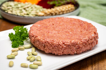 Source of fibre plant based vegan soya protein burgers, meat free healthy food