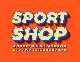 Vector trendy logo Sport Shop with 3D retro Font. Bright Alphabet Letters and Numbers