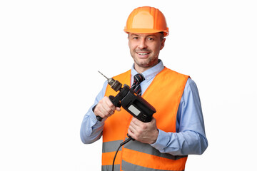 Repairman Worker Holding Electric Drill Posing Over White Studio Background